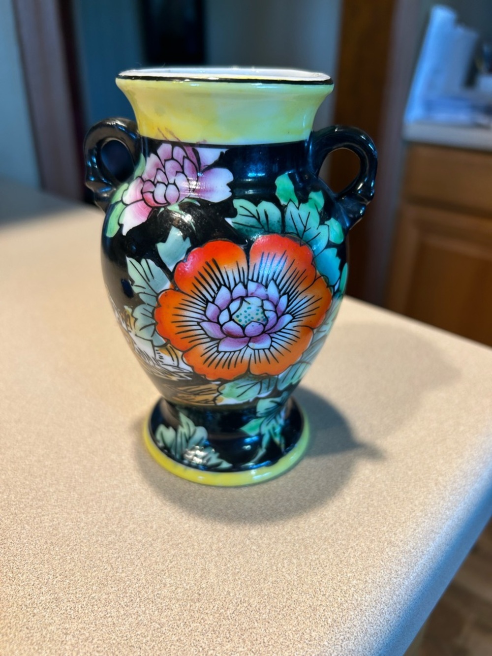 Hand-Painted Floral Ceramic Vase — Black with Yellow and Orange Accents